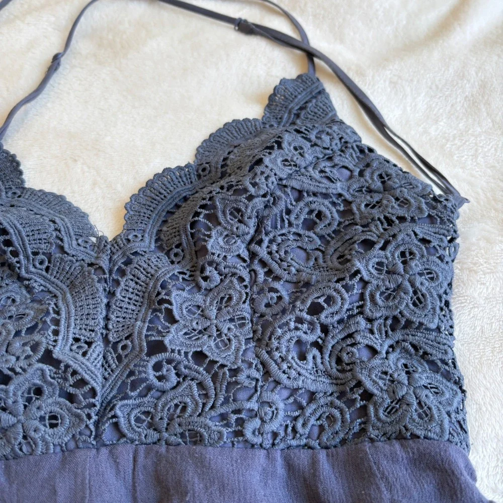 Boho Crochet Lace Backless Romper Navy Blue Festival Summer Sun Dress Size M - Picture 8 of 13